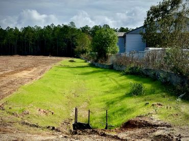A green grassy strip between farmland and residential area.