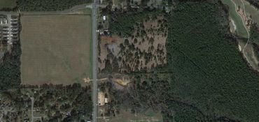 Satellite image of a rural area with fields and forest.