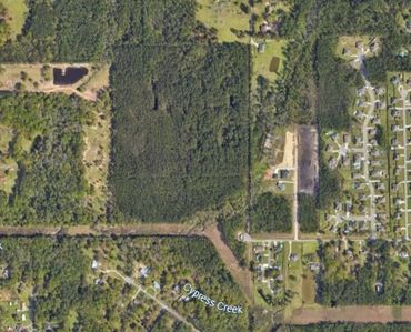 Aerial view of forest and residential area.