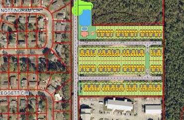 A neighborhood map with colored zoning and house plots.