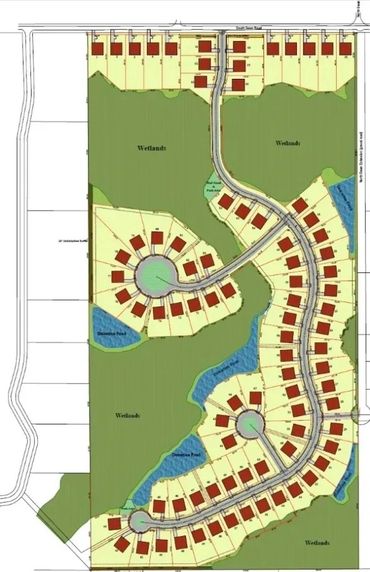 Residential neighborhood layout with wetlands and ponds.