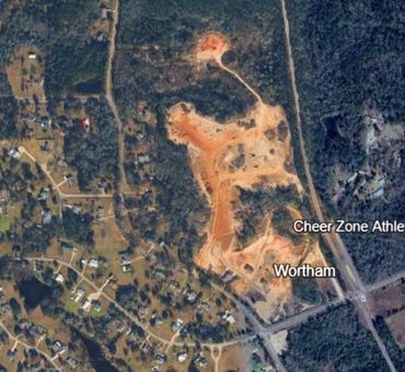 Aerial view of Wortham area with roads and cleared land.