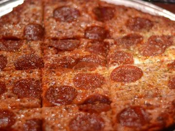 Close-up of a pepperoni pizza.