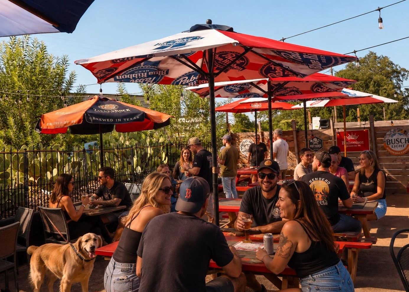 The dog-friendly patio at Crow Bar Austin on a sunny afternoon, picnic tables under PBR umbrellas an