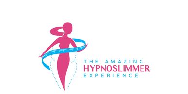 Hypnoslimmer logo a female figure in pink in front of a sketched larger figure & blue tape measure