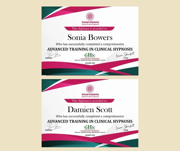 Sonia and Damien's Advanced hypnotherapy certificates