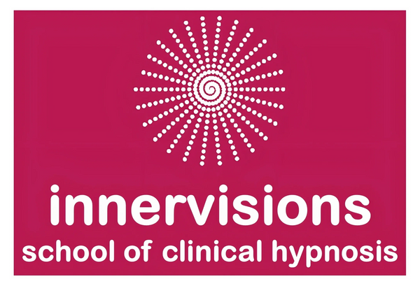 Innervisions school logo magenta background with a white dotted spiral