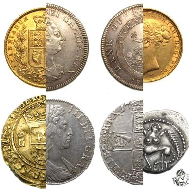 A collection of old British coins with varying designs and metals.