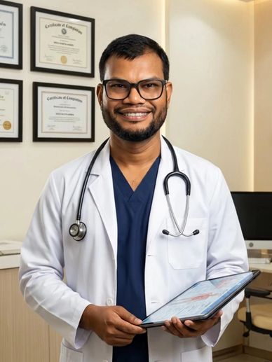 Smiling male doctor holding a tablet in clinic.