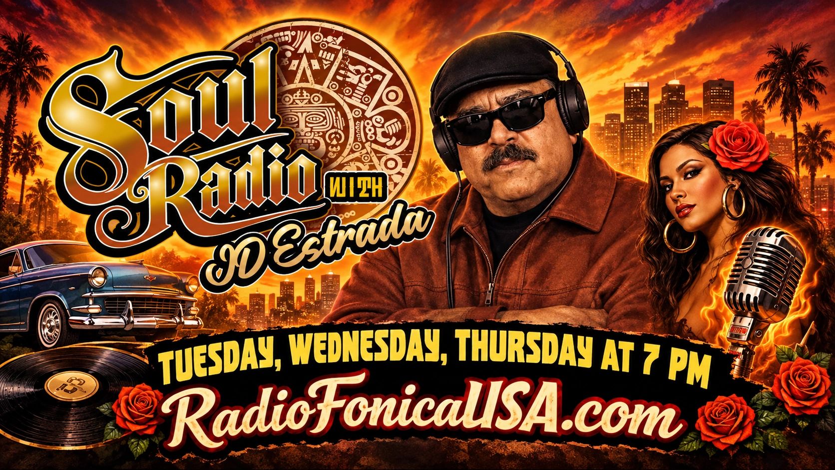 Soul Radio with JD Estrada show info with vintage car and city background.
