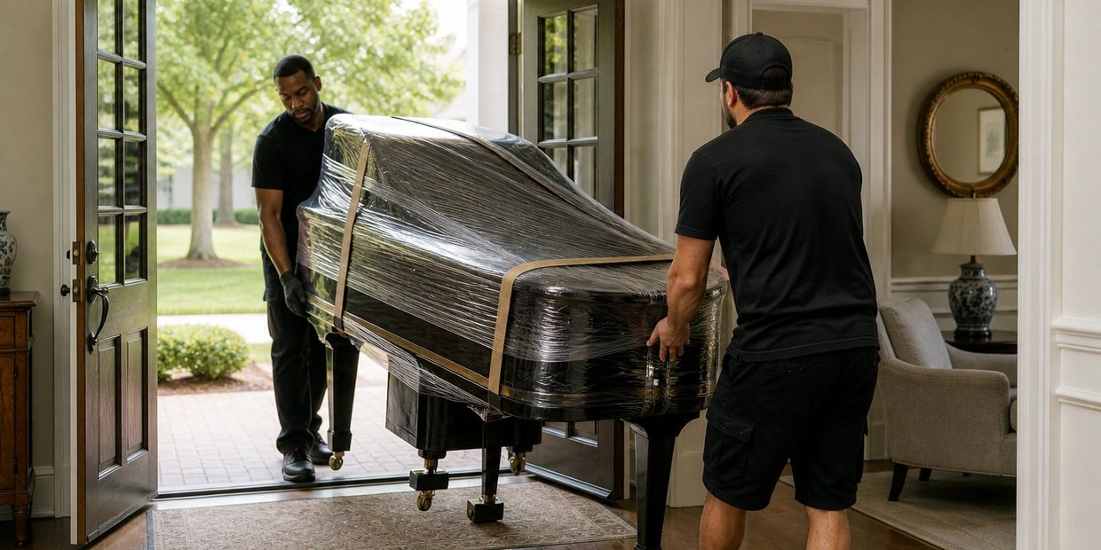 Andy Anderson Moving Co. crew moving a wrapped baby grand piano through a home in Fayetteville, NC