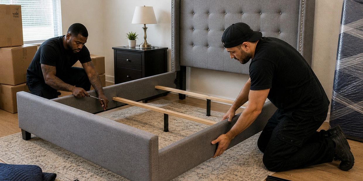 Andy Anderson movers assembling a bed frame in a Fayetteville, NC bedroom