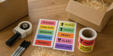 Moving labels and markers for organized packing and unpacking

