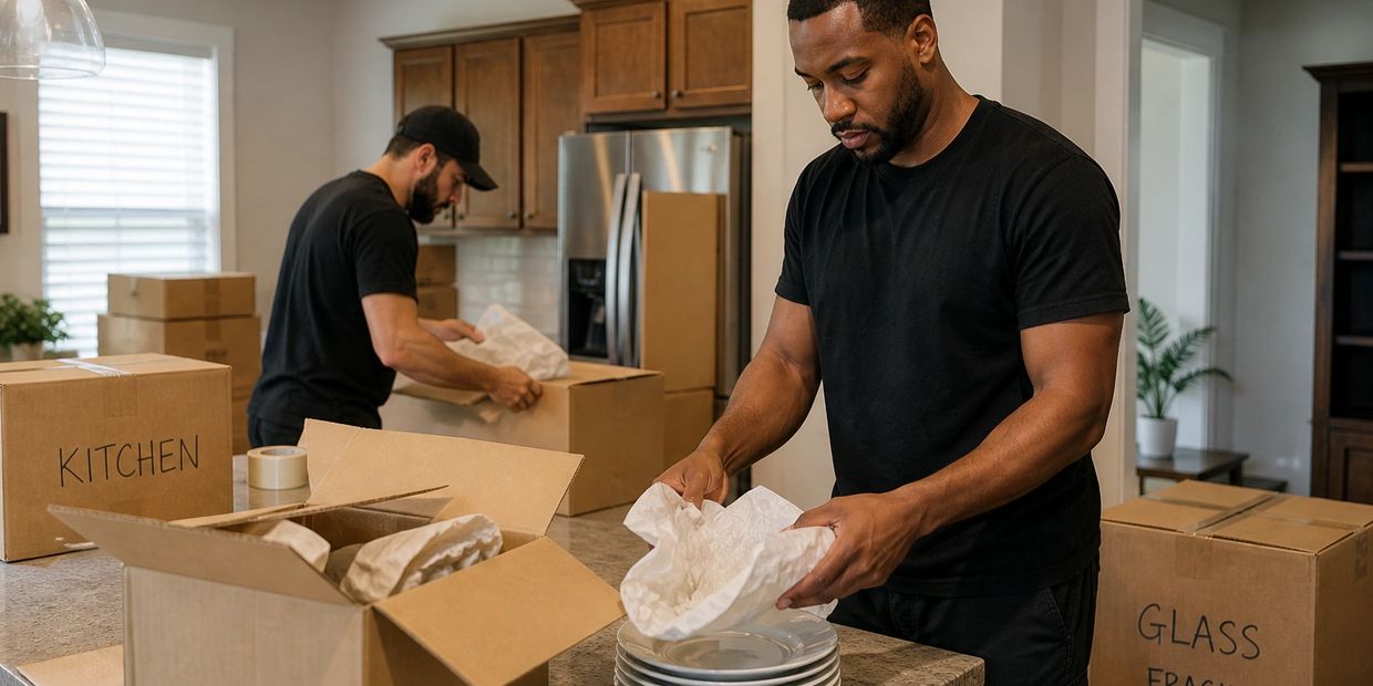 Andy Anderson movers wrapping dishes and packing kitchen boxes in a Fayetteville, NC home