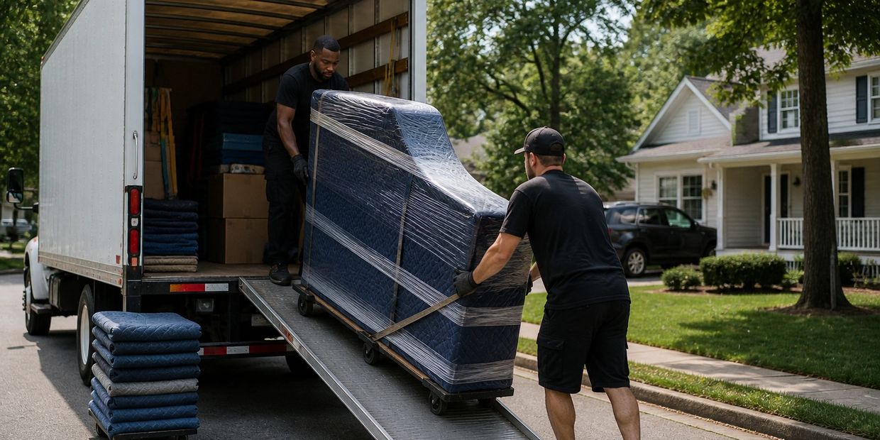 Andy Anderson Moving Co. crew carefully loading a wrapped piano onto a truck in Fayetteville, NC