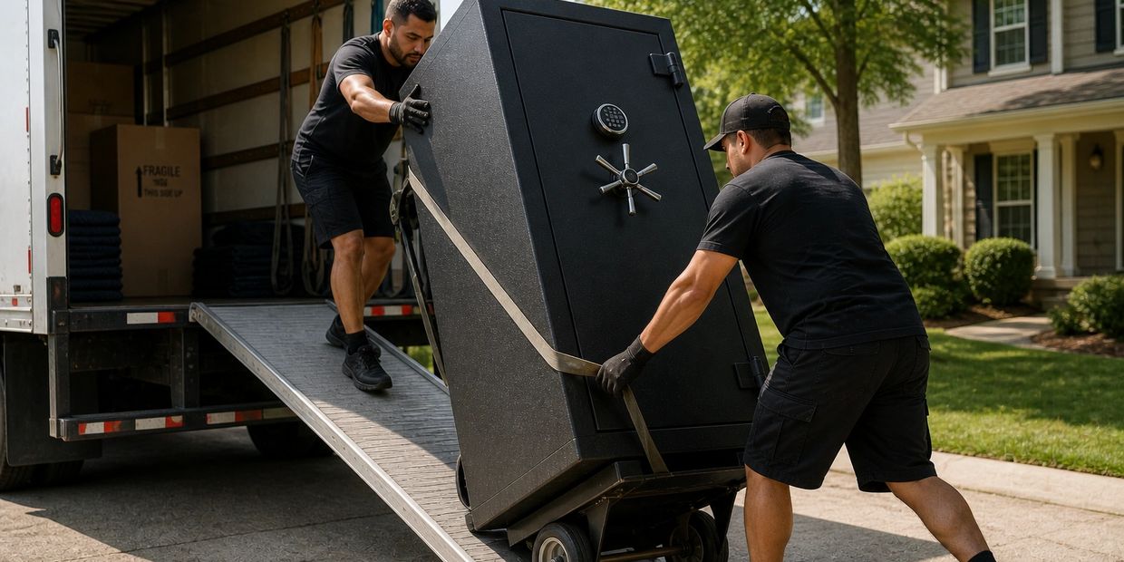 Andy Anderson Moving Co. crew loading a heavy gun safe onto a moving truck in Fayetteville, NC