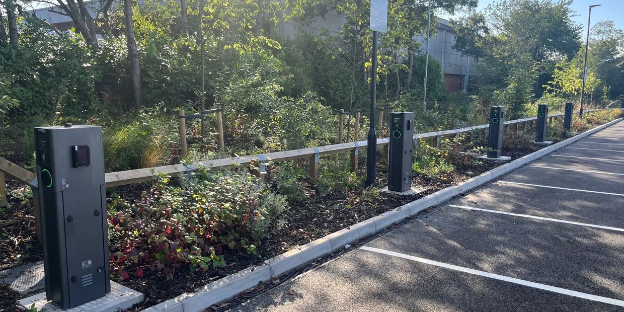 work place charging , showing 5 chargers that can take direct payment