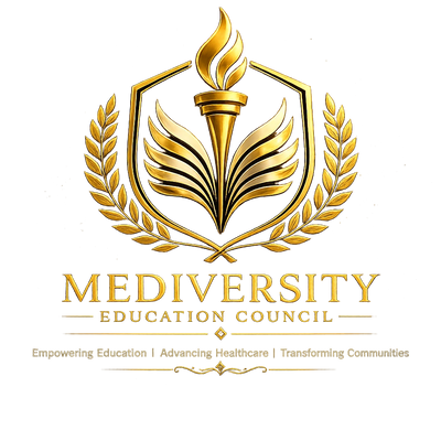 Golden emblem of Mediversity with a torch and laurel wreath.