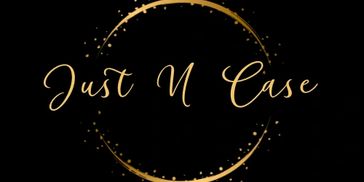 Elegant gold text 'Just N Case' with a circular gold design on black background.