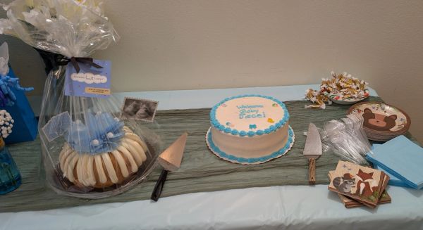 Welcome baby celebration cake and cupcakes on a decorated table.