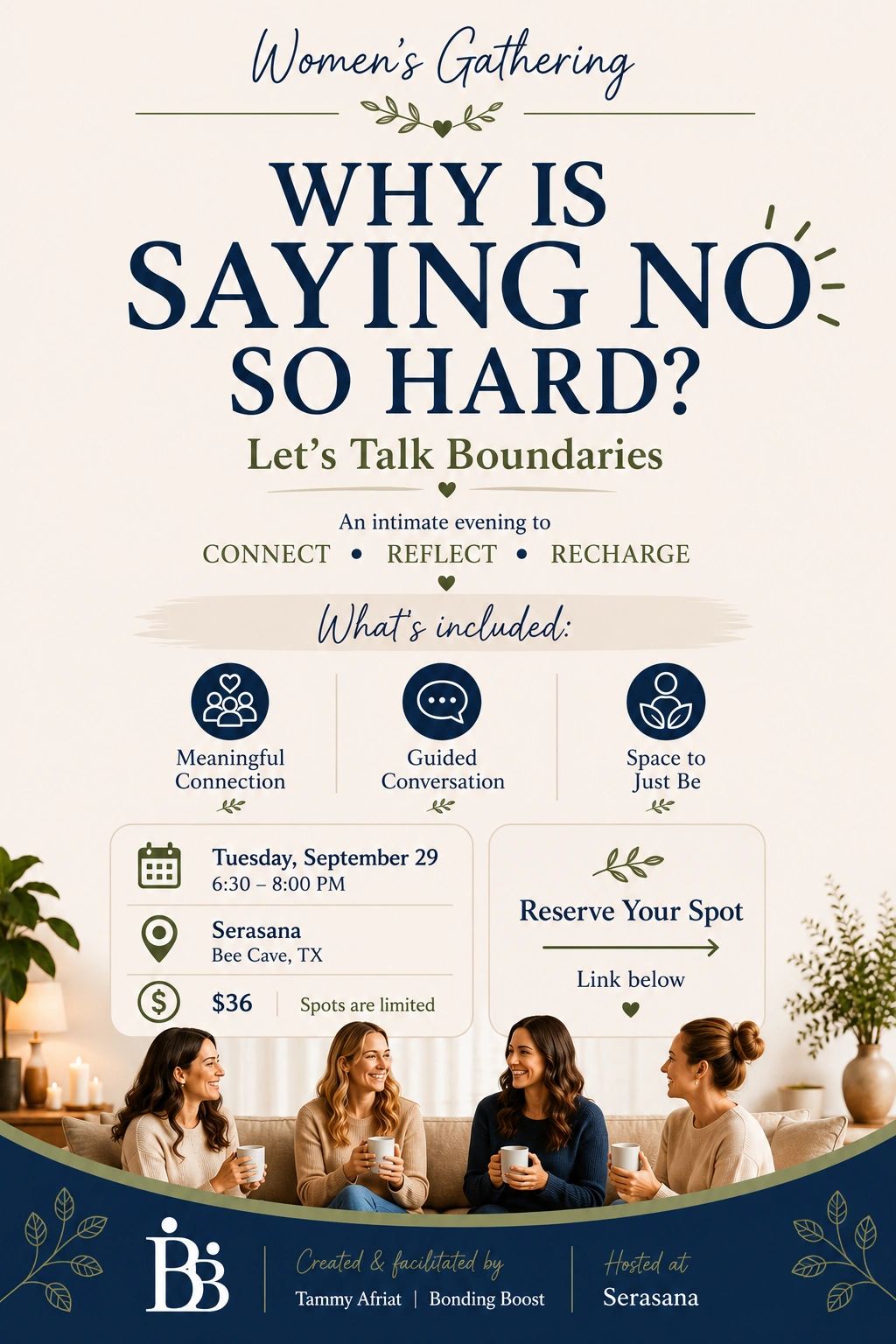 Women's gathering on setting boundaries, Sept 29 at Serasana, Bee Cave, TX.