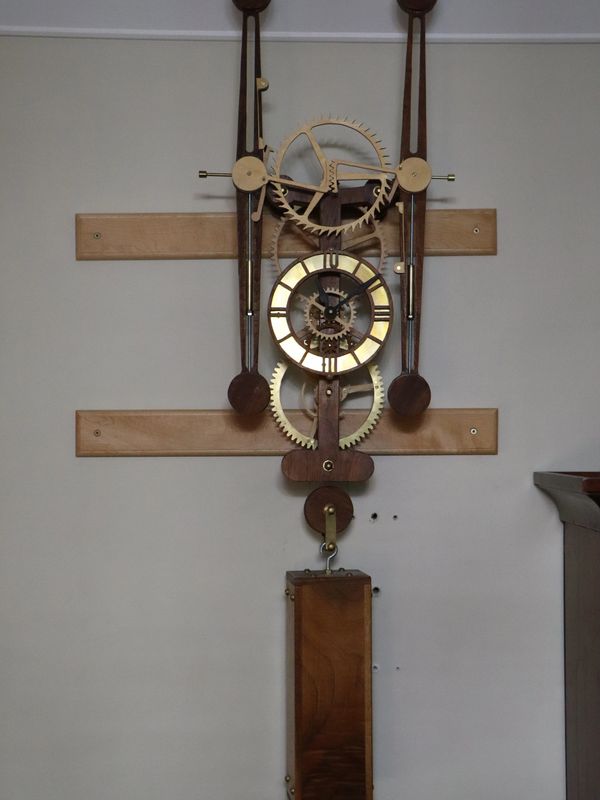 wooden clock with grasshopper escapement