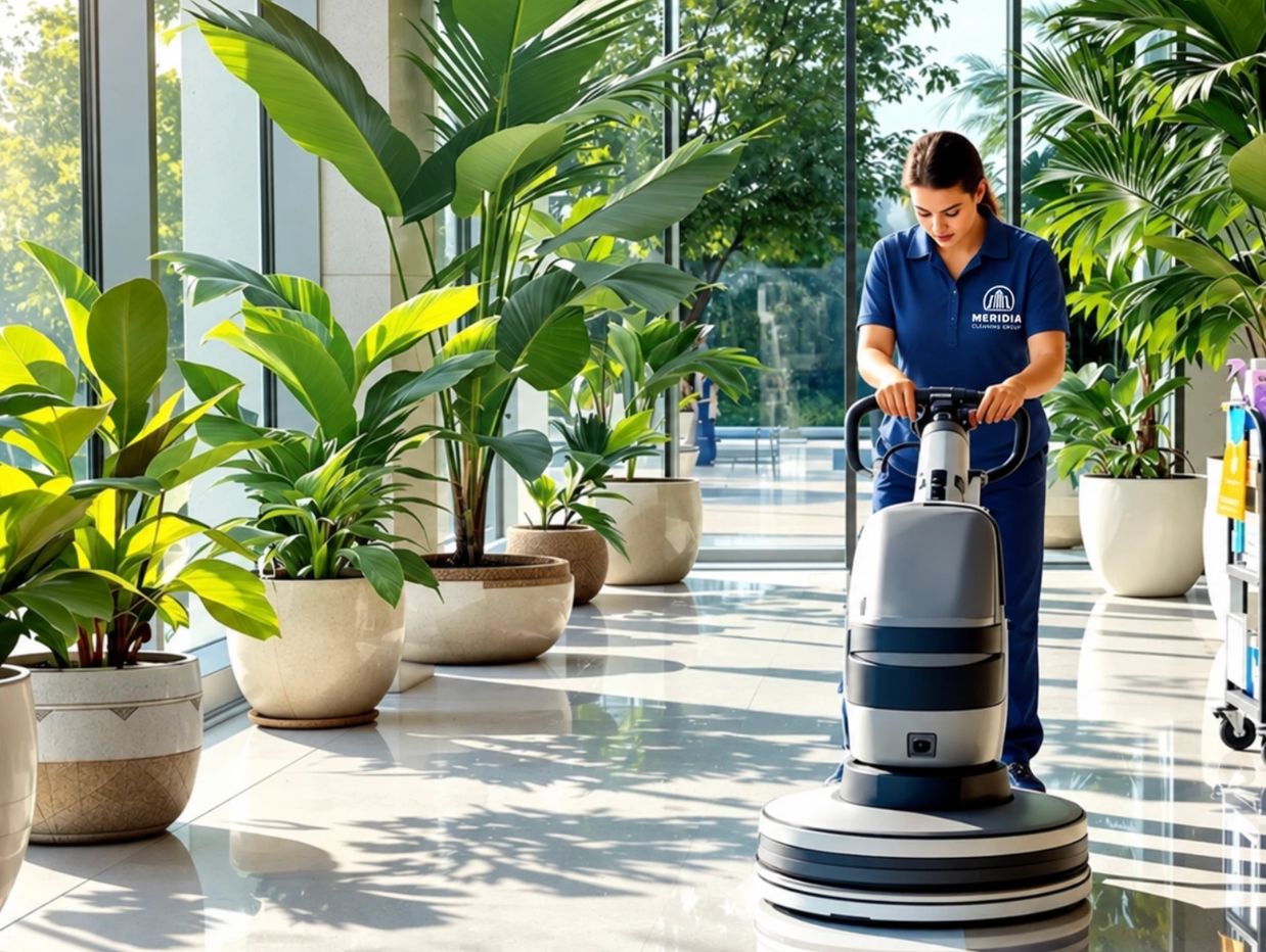 Woman using floor cleaning machine in a bright, plant-filled lobby.