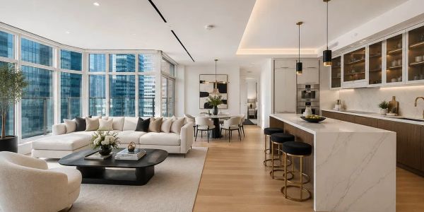 Modern open-concept living room and kitchen with large windows.