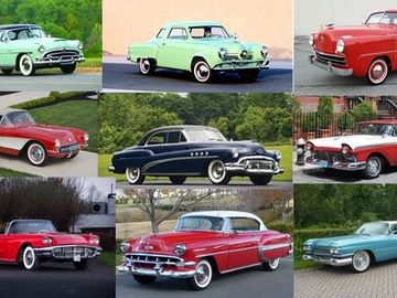 A collage picture of different classic vehicles