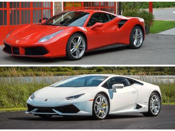 A collage picture of sports vehicles in red and white