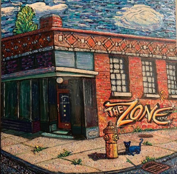 THE ZONE  24 1/4"H X 24 1/4"W Experience a day outside a magical musical place on the street corner.