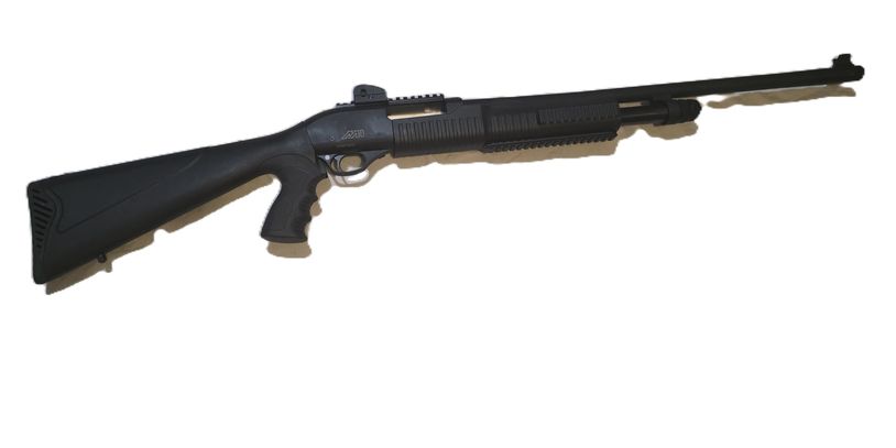 Black pump-action shotgun with ergonomic grip and long barrel.