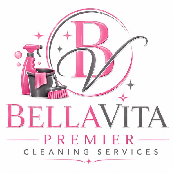 Logo for Bella Vita Premier Cleaning Services with cleaning tools.
