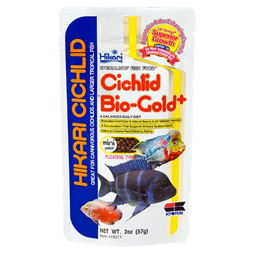 Package of Hikari Cichlid Bio-Gold fish food for cichlids and tropical fish.