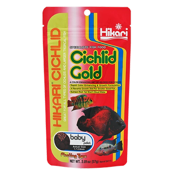 Hikari Cichlid Gold fish food packaging with colorful design.