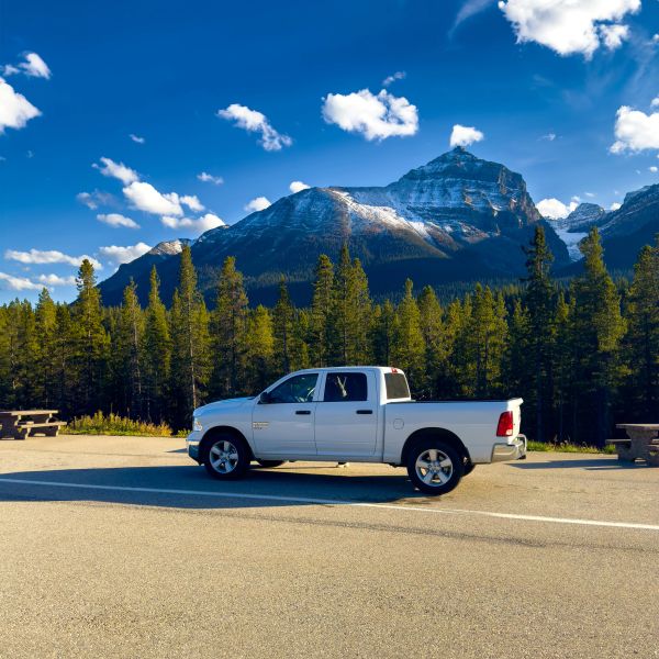 White pickup truck parked by forest with mountains.