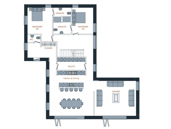 Floor plan with kitchen, dining, lounge, two bedrooms, and utility areas.