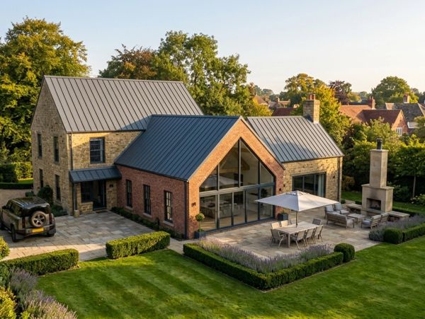 Modern countryside house with patio and garden.