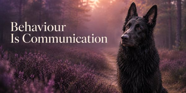 Black German Shepherd attentively observing a purple woodland environment, representing behaviour as