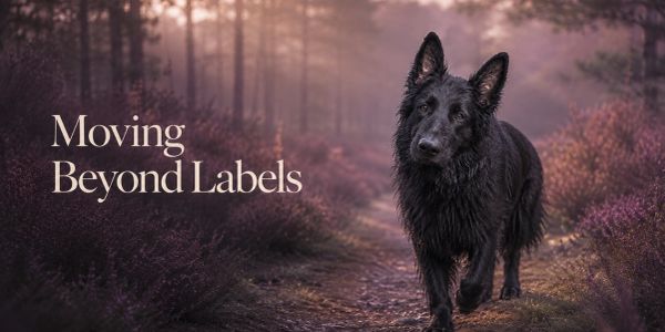 Black German Shepherd walking along a purple woodland path, representing moving beyond labels and se