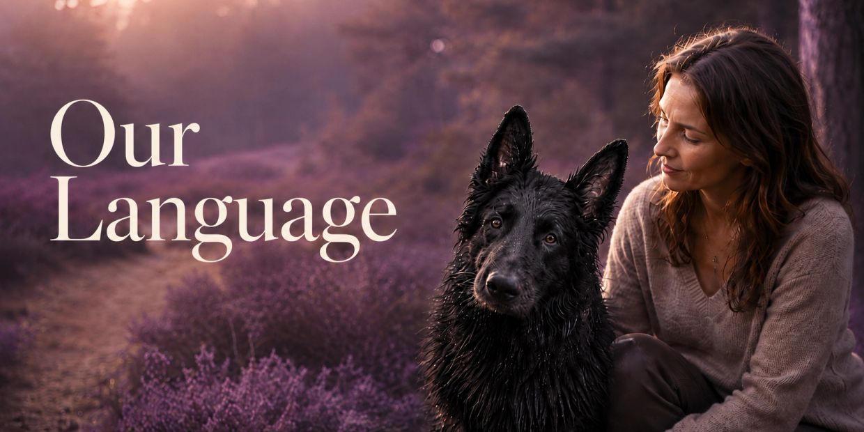 Woman sitting calmly beside a Zeus-inspired black German Shepherd in purple woodland, representing t