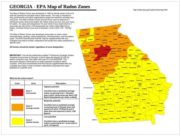 Map of Georgia showing radon zones with red as highest risk, orange moderate, and yellow low potential.