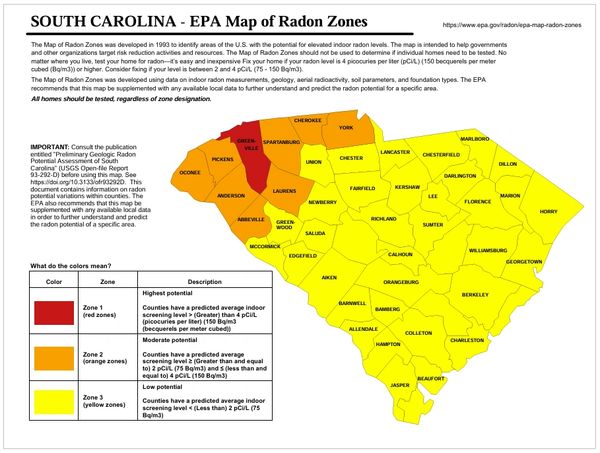 Map showing radon risk zones in South Carolina, color-coded by potential indoor radon levels.