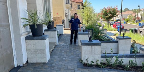 Man standing on a paved walkway in a residential neighborhood on a sunny day.