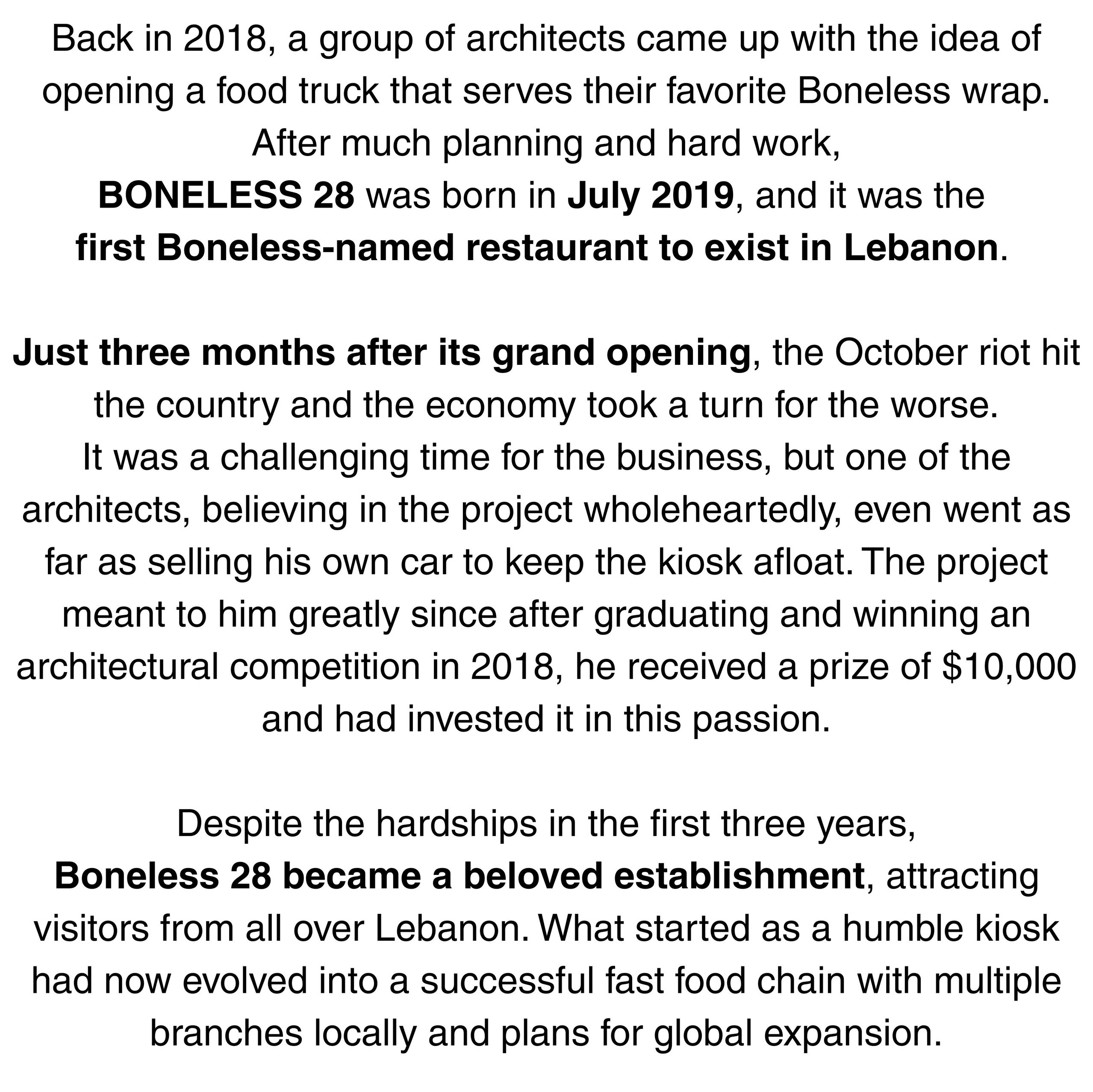 Story of BONELESS 28, Lebanon's first Boneless-named restaurant, Boneless Chicken Wrap.