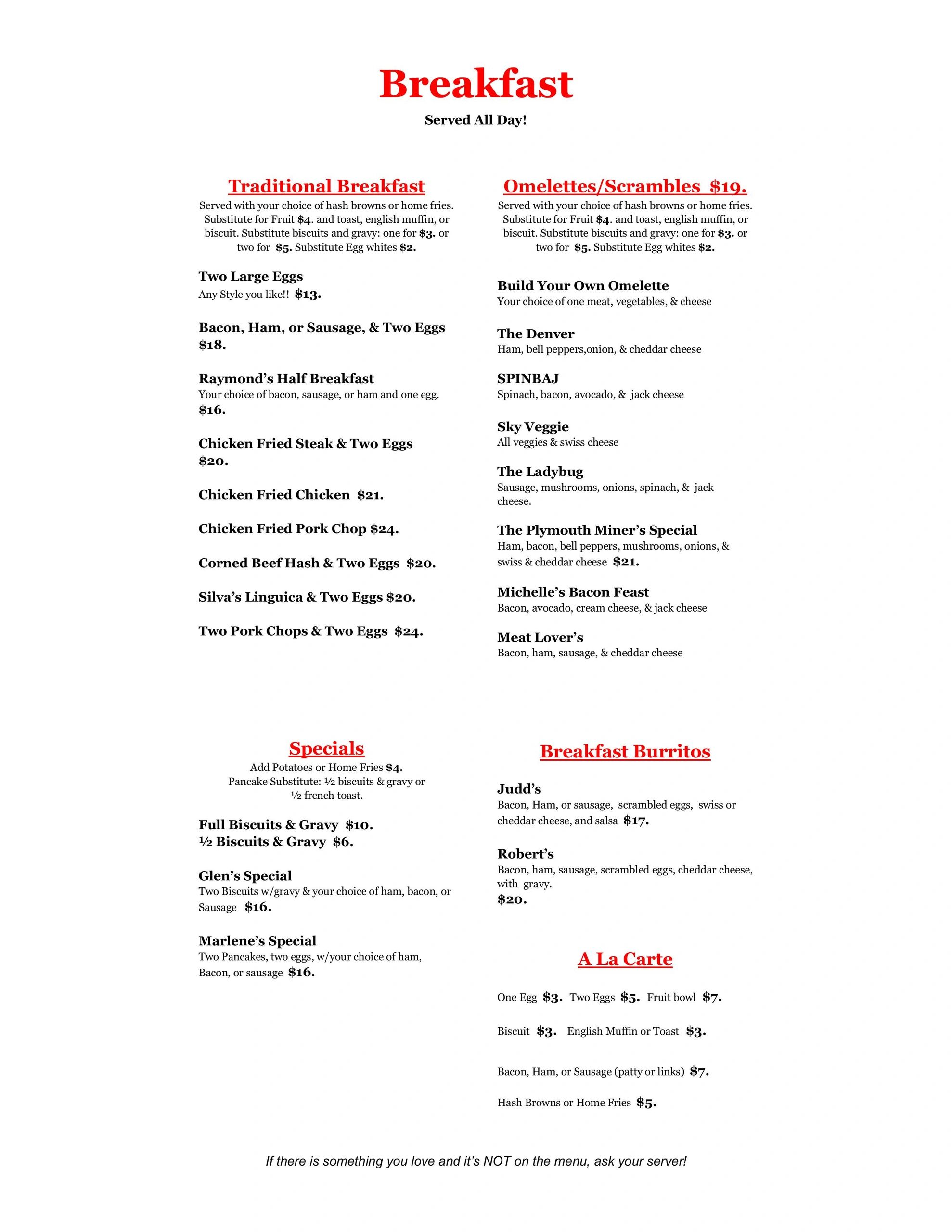 Breakfast menu with traditional dishes, omelettes, specials, burritos, and a la carte options.