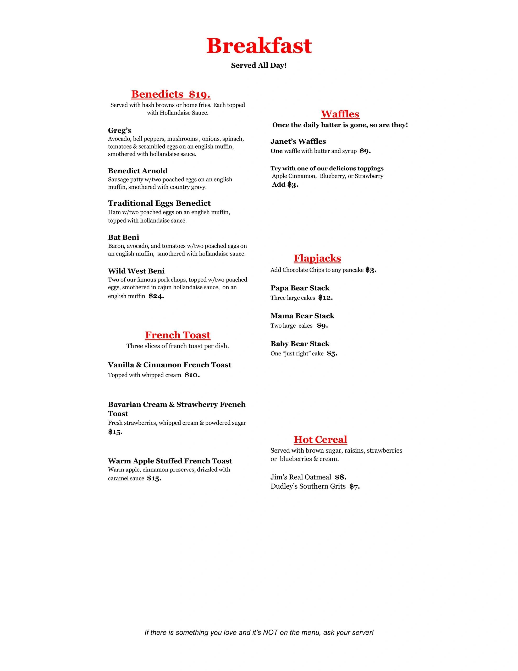 Breakfast menu featuring Benedicts, French Toast, Waffles, Flapjacks, and Hot Cereal options.