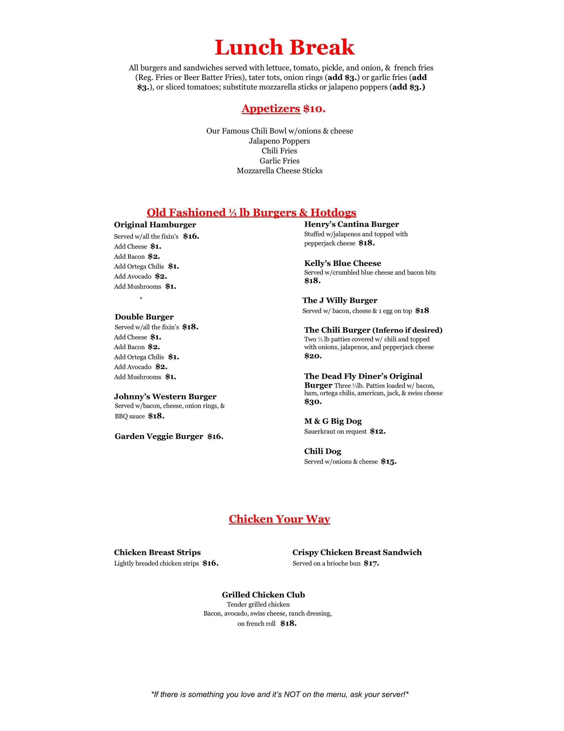 Lunch menu featuring burgers, hotdogs, chicken dishes, and appetizers with prices and add-ons.