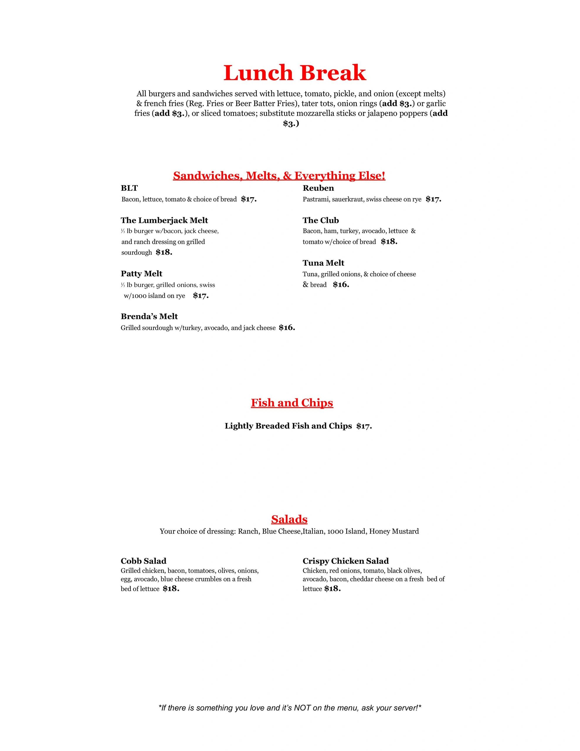 Lunch menu featuring sandwiches, melts, fish and chips, and salads with prices.