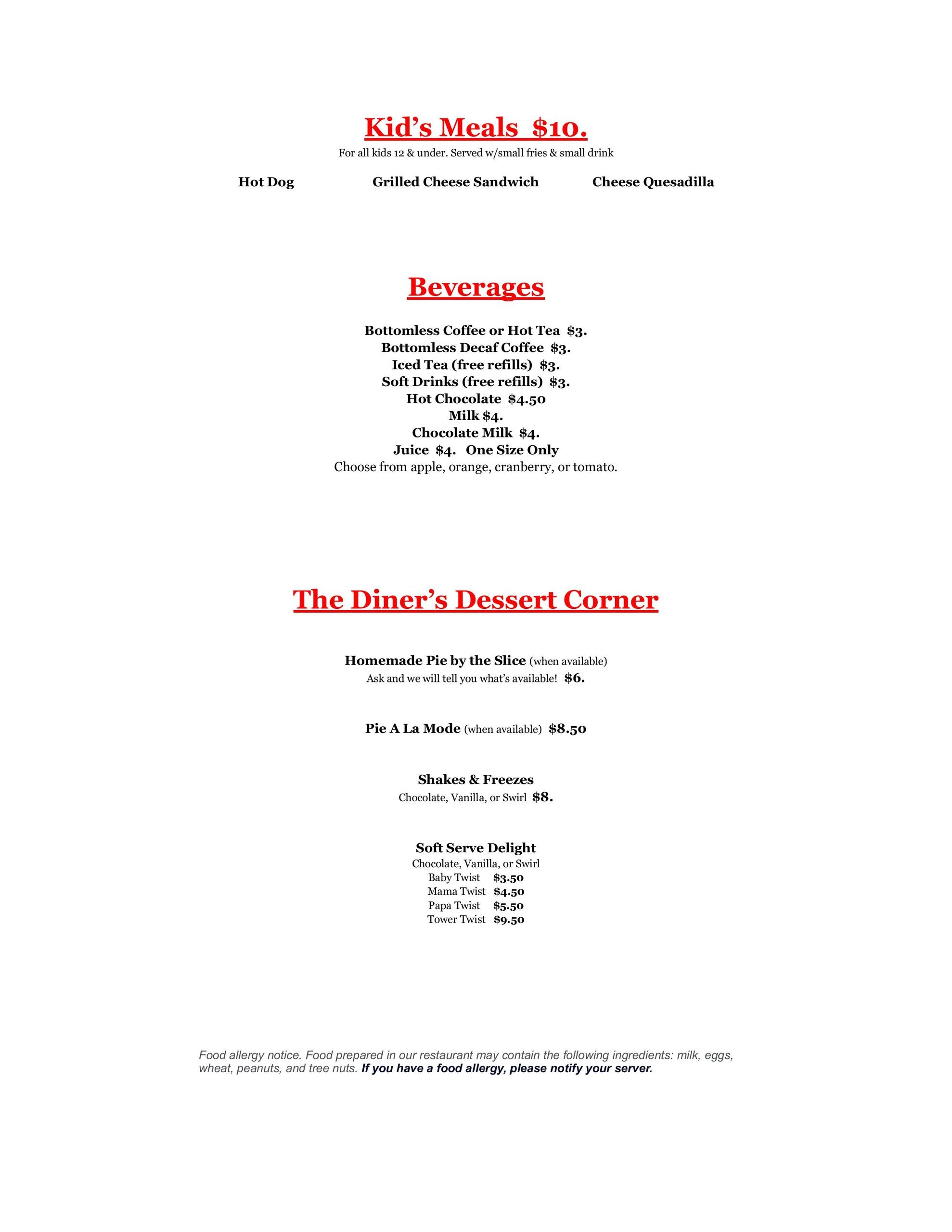 Menu featuring kids' meals, beverages, and desserts at a diner with prices and allergy notice.